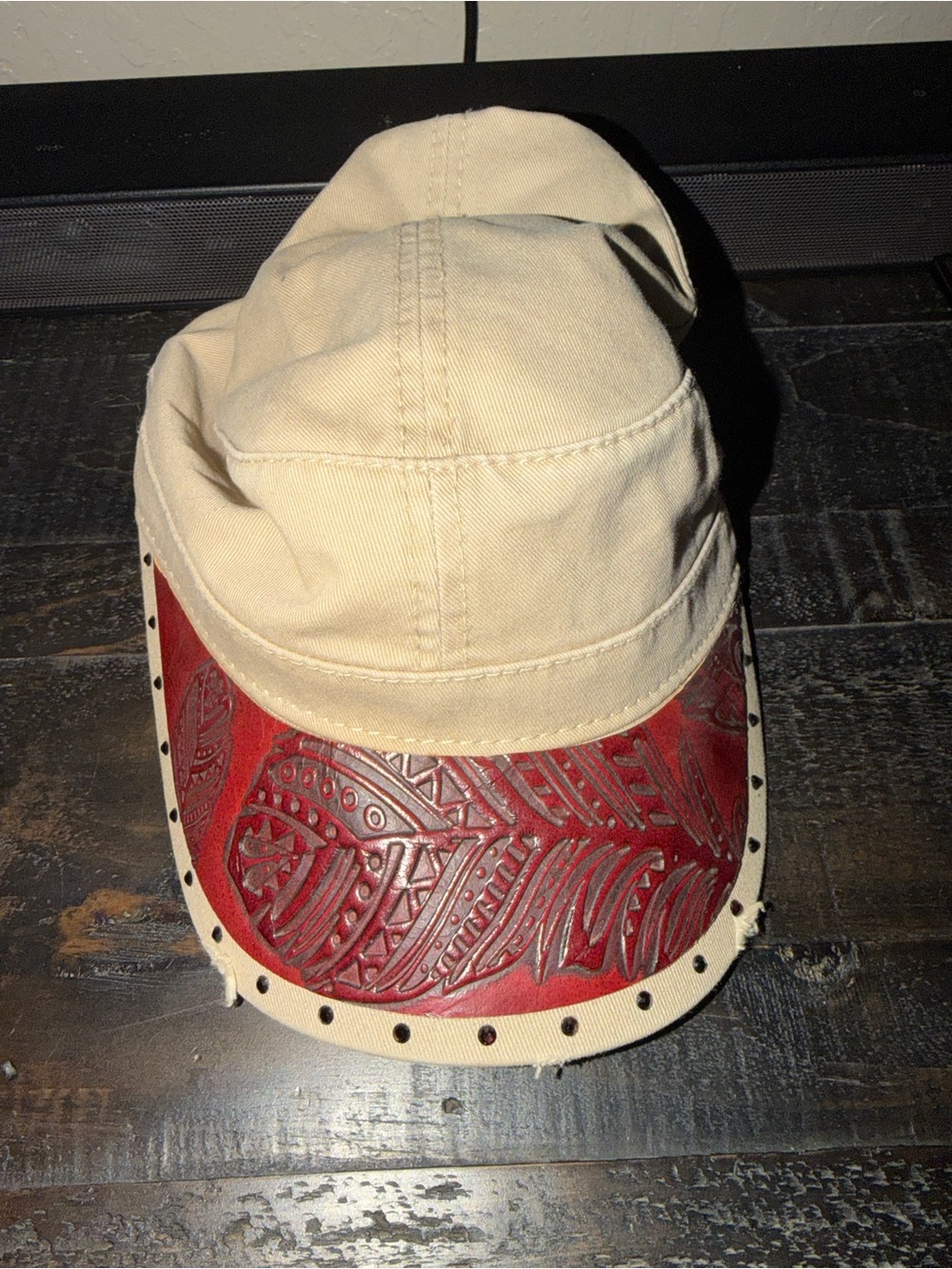 Women’s cadet cap Beige Canvas Cap with Red Embossed Leather Visor